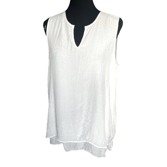 Cristina B Bright White Double Layer Sleeveless Tunic Blouse, Hi-Low Hem, Medium - Picture 4 of 9